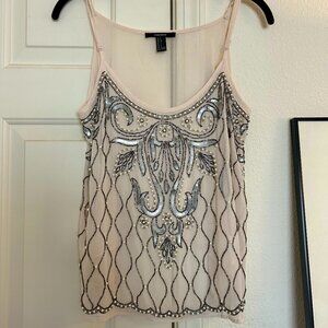 Nude Beaded Sheer Cami Tank Top Small